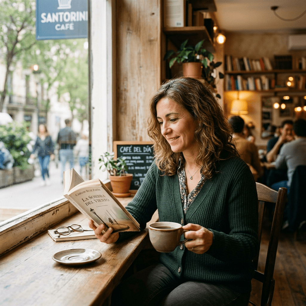 Woman sitting by window in cafe reading a book and holding coffee cup