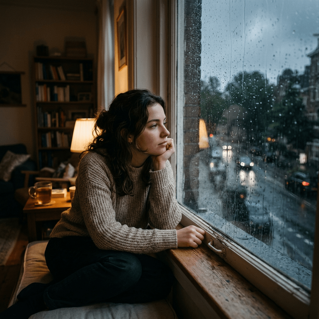 Woman sitting by a rainy window, looking at evening city traffic