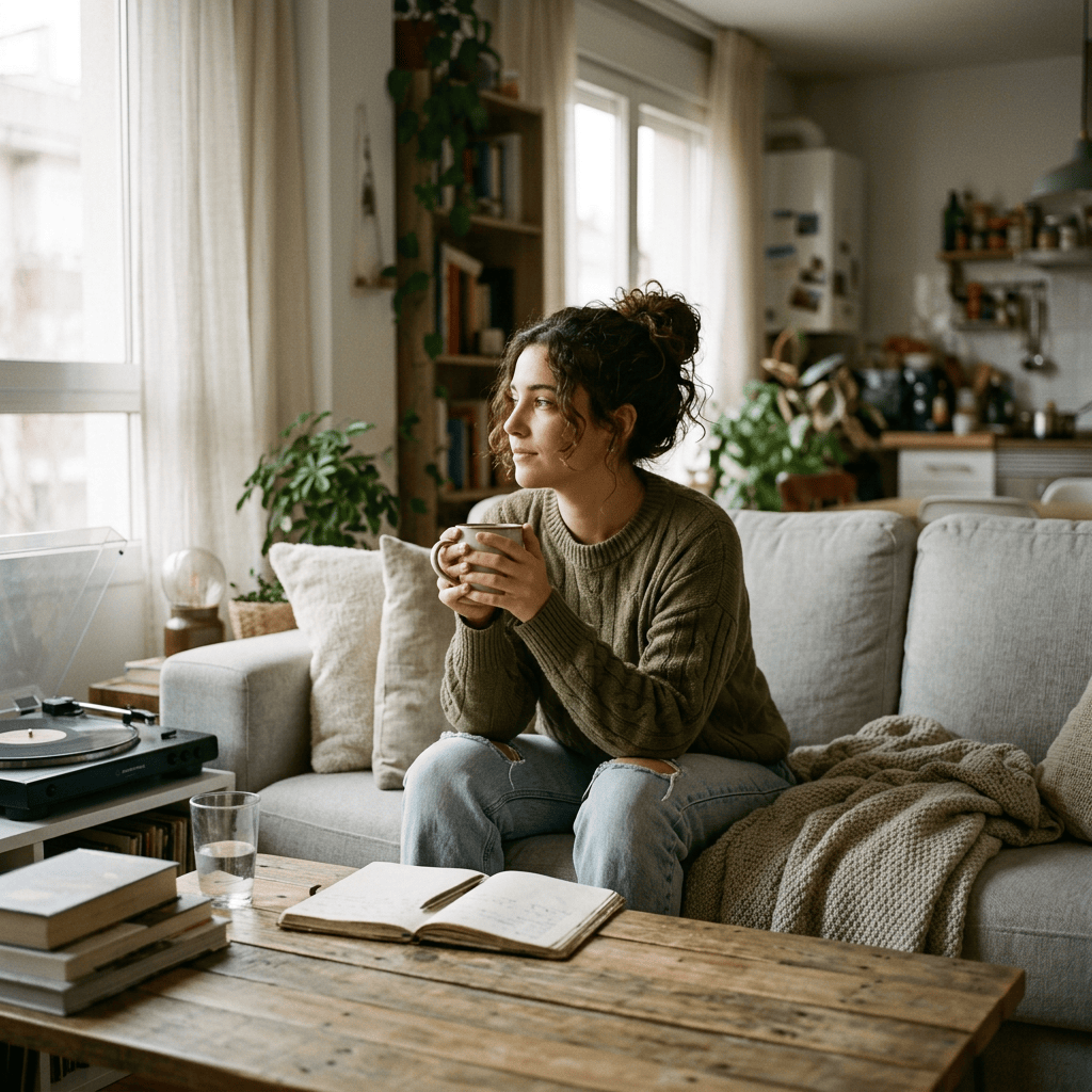 Woman holding coffee on a sofa beside an open journal and turntable