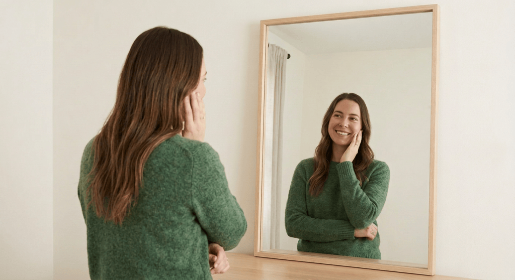 Mujer ante el espejo con texto: “ME AMO Y ME ACEPTO TAL COMO SOY.”