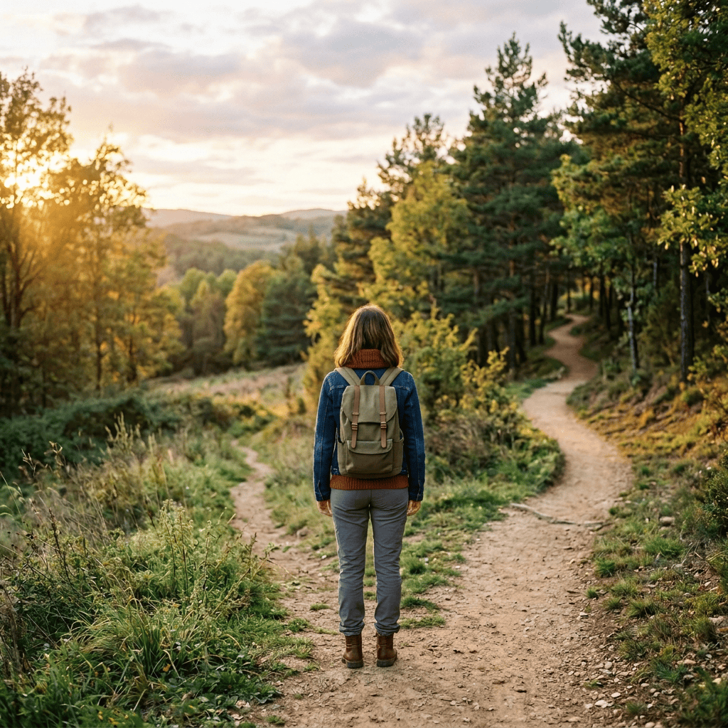 Hiker standing at a forest trail junction beneath signs reading Camino del Valle, Elegir entre dos caminos, and Subida a la montaña